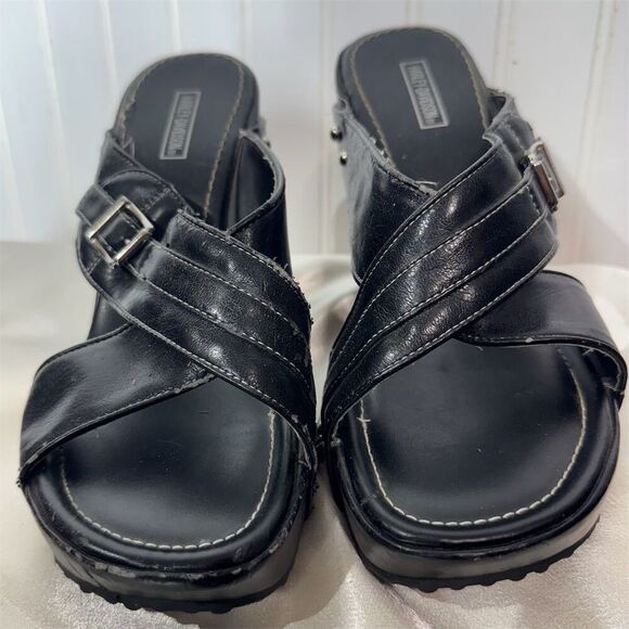 Harley-Davidson Black Wedge Slide Sandals 8.5M Studded Buckle Platform Biker Y2K - Picture 4 of 10